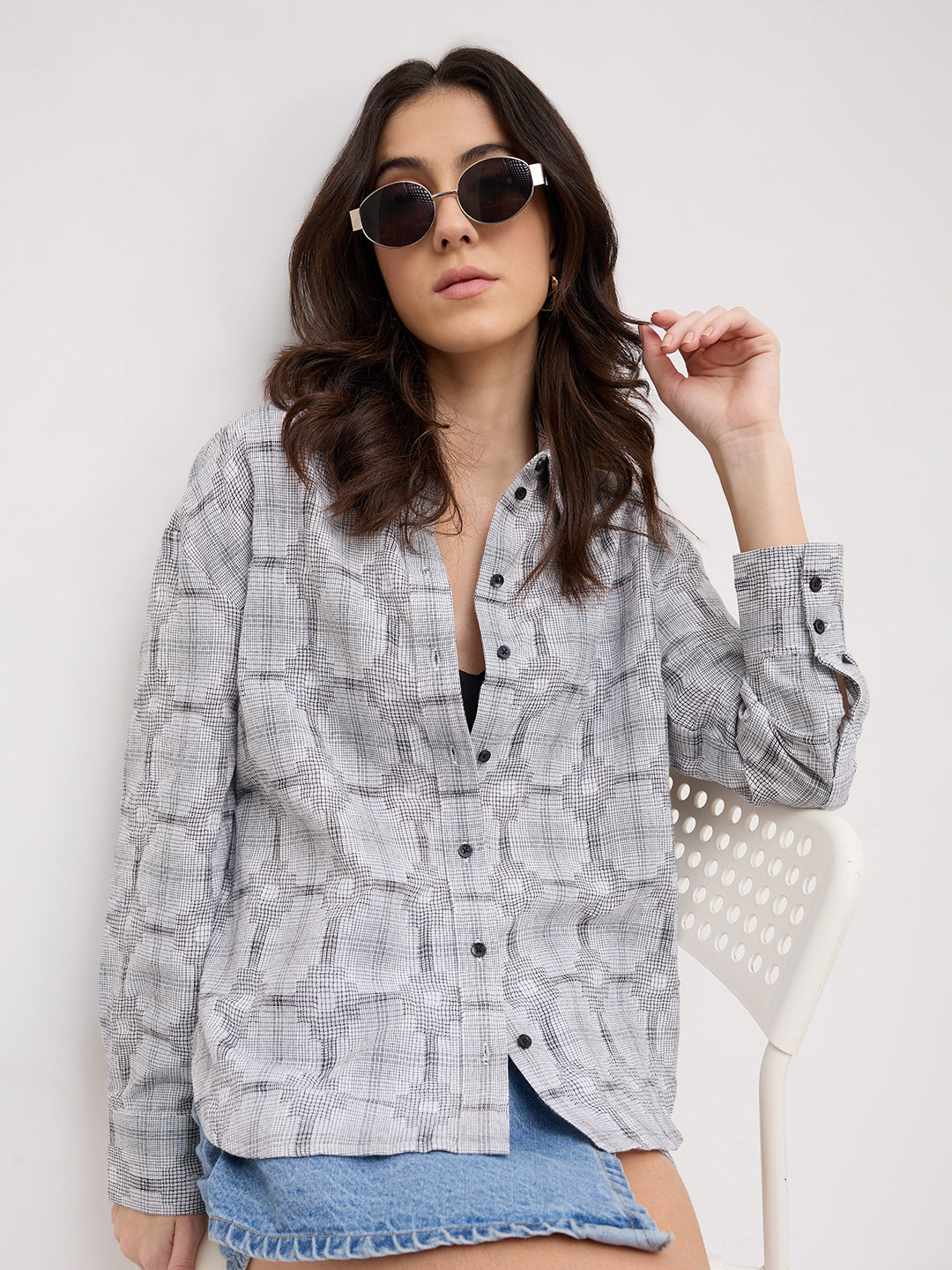 White & Black Gridlock Smokey Plaid Oversized Shirt