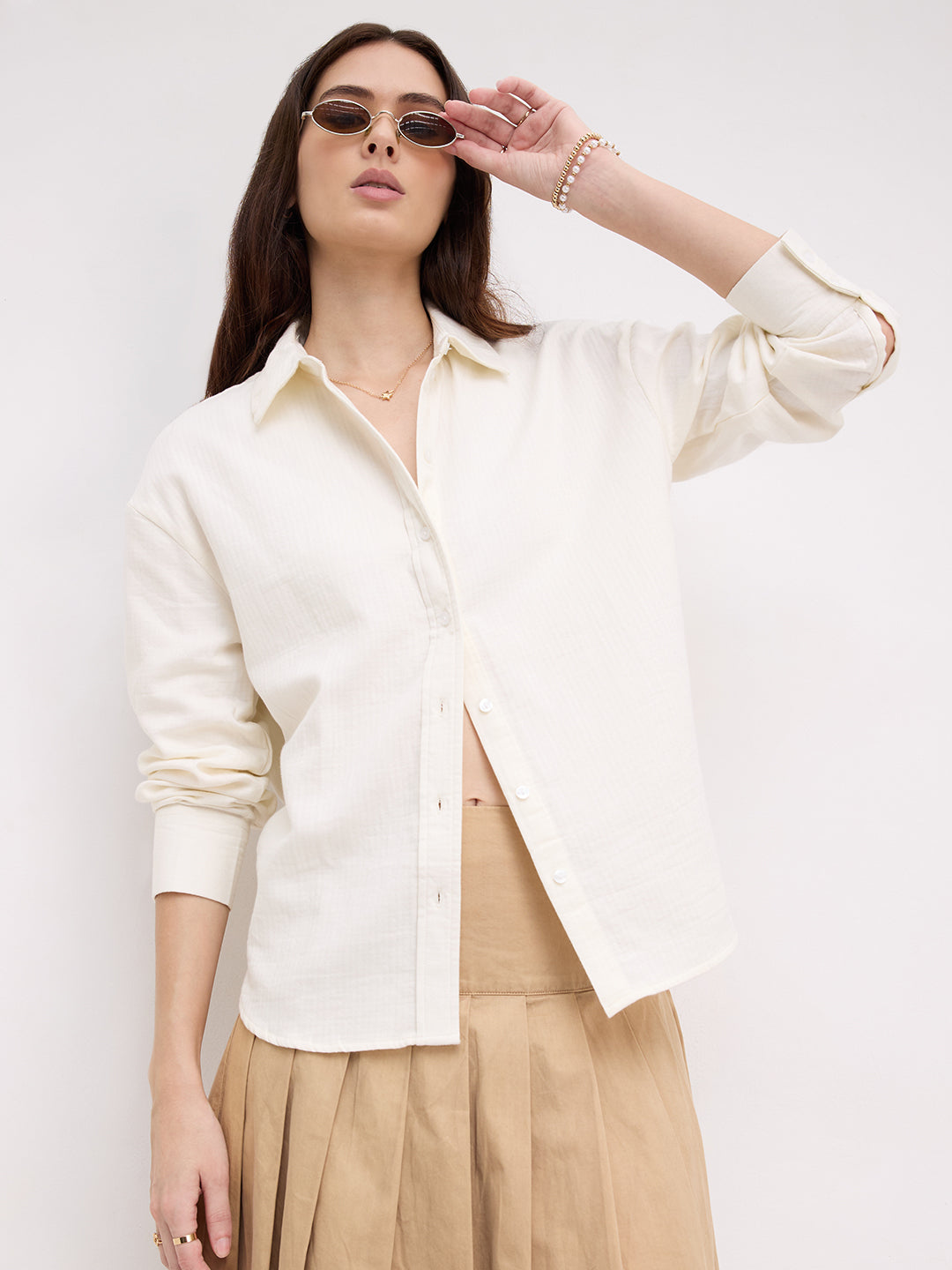 Pearl White Herringbone Textured Oversized Shirt