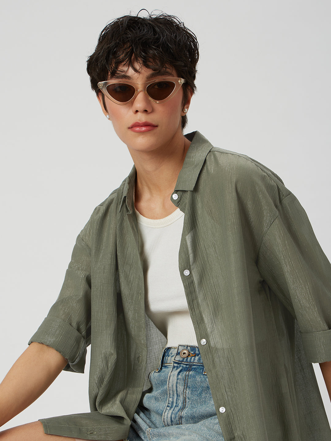 Glittery Olive Crinkled Oversized Shirt