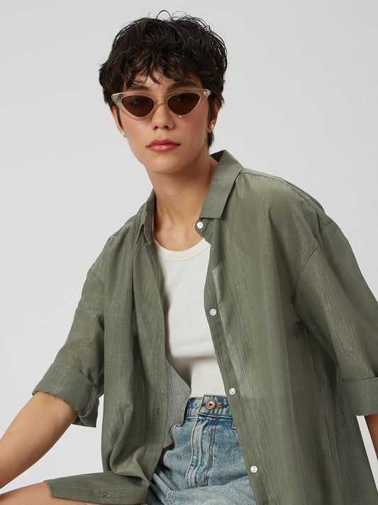Glittery Olive Crinkled Oversized Shirt