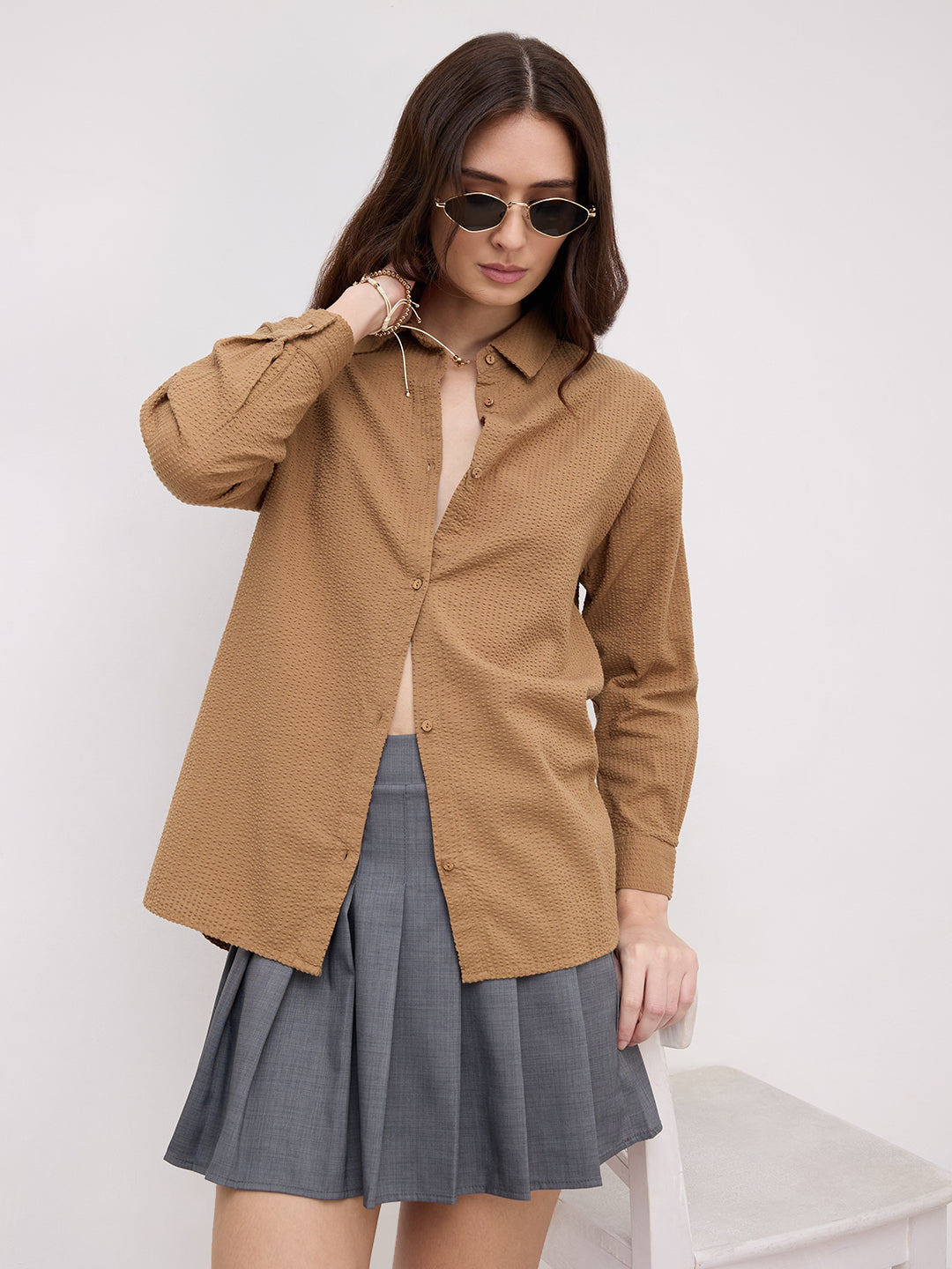Tan Beige Seersucker Oversized Shirt
