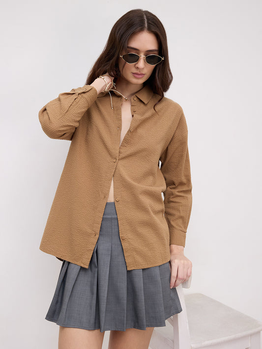 Tan Beige Seersucker Oversized Shirt