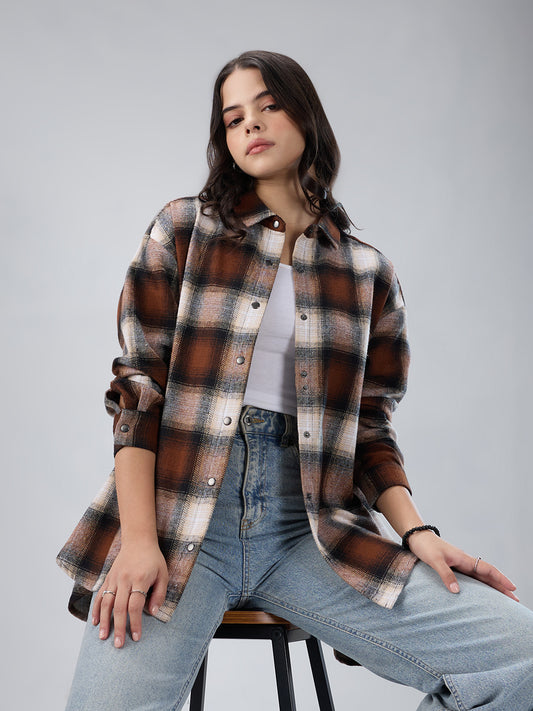 Brown & Beige Checkered Oversized Flannel Shirt
