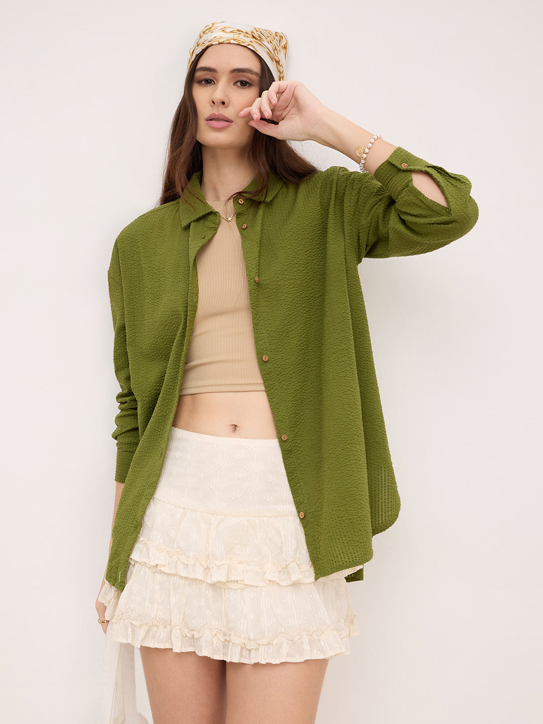 Olive Seersucker Oversized Shirt