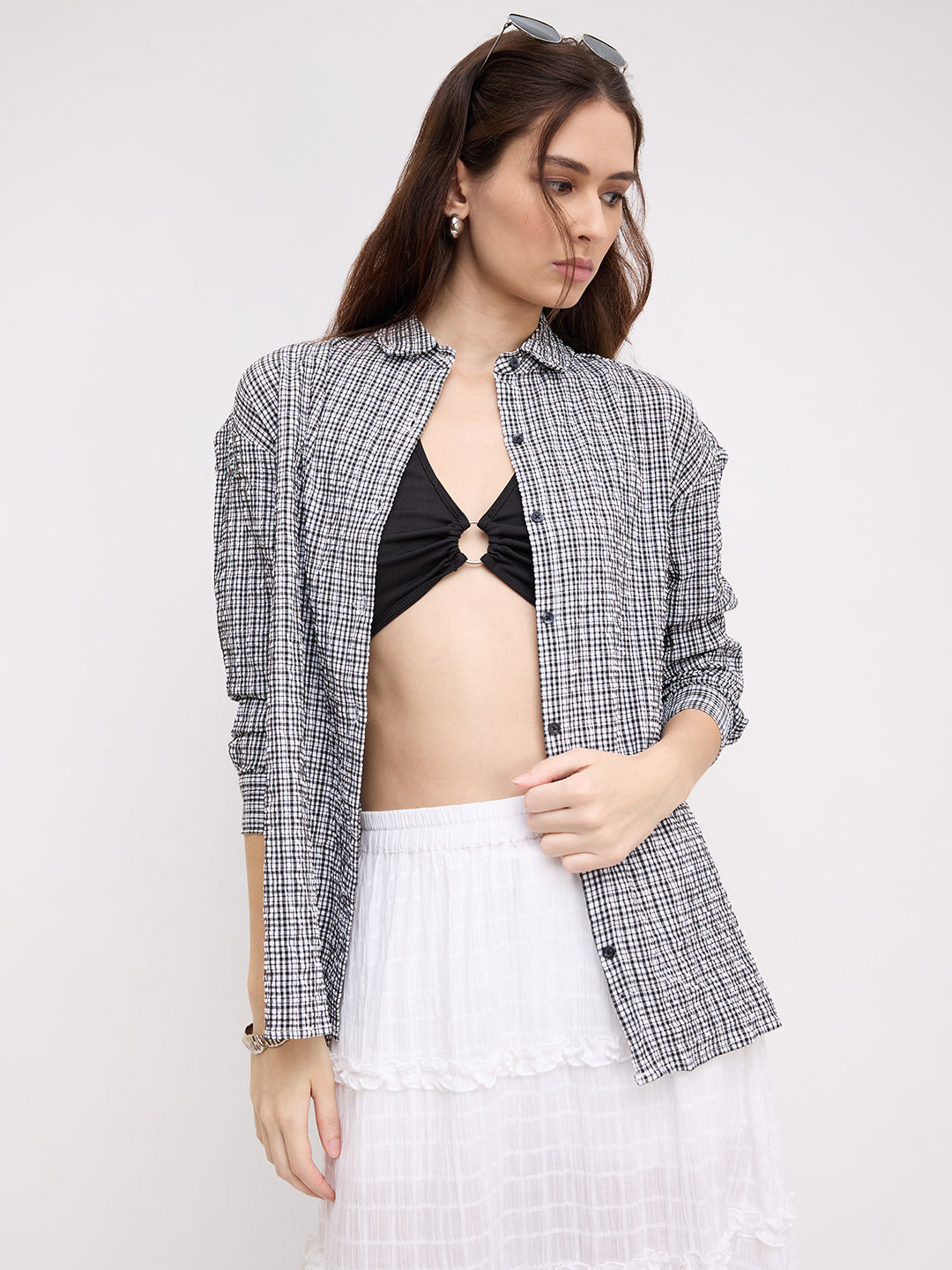 Black & White Tiny Checkered Seersucker Oversized Shirt
