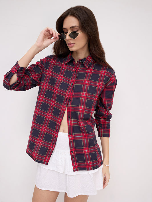 Red and Black Tartanique Checked Oversized Shirt