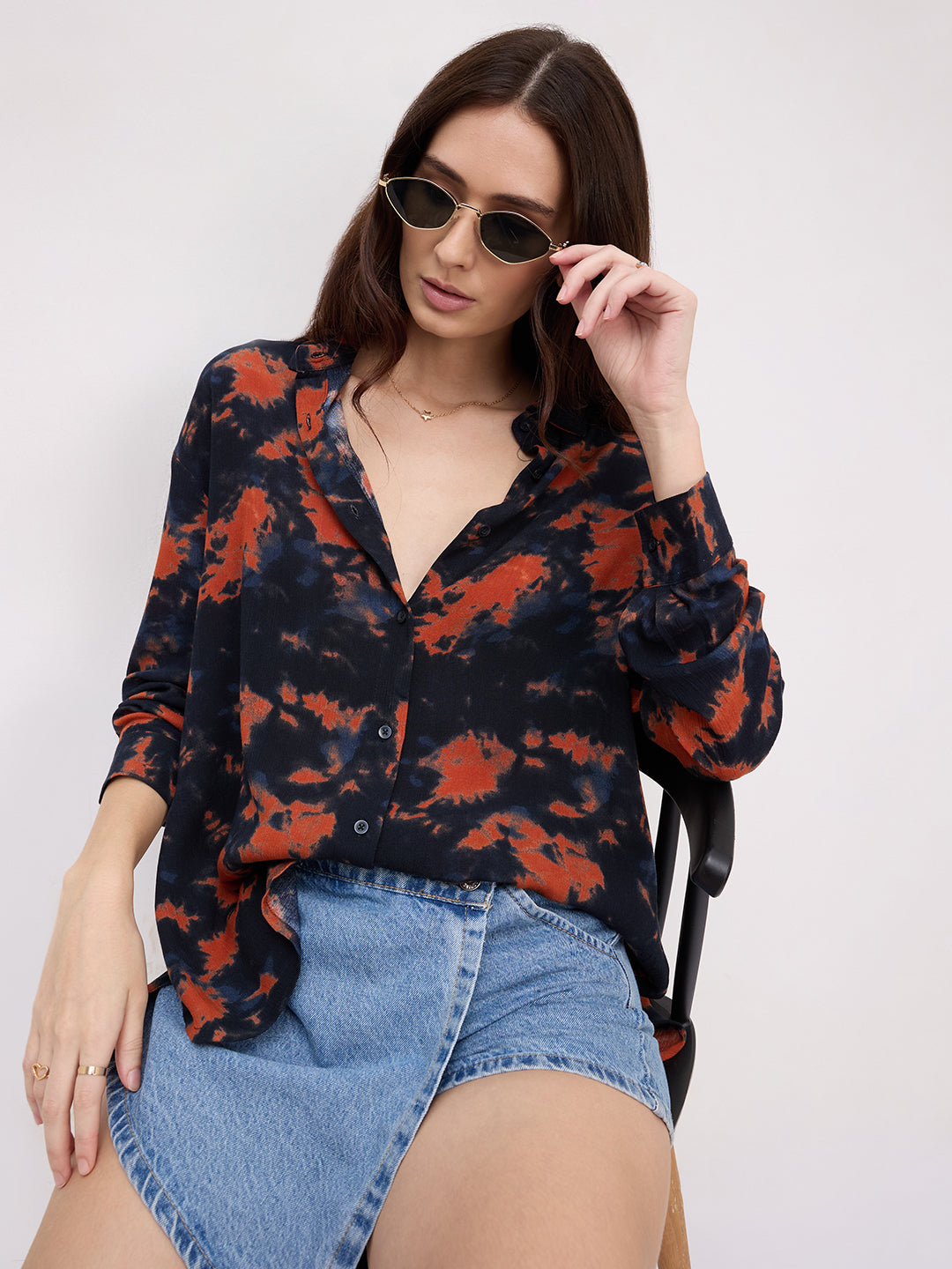 Black & Tangerine Tie- Dye Oversized Crepe Shirt