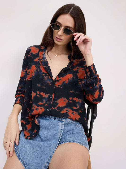 Black & Tangerine Tie- Dye Oversized Crepe Shirt