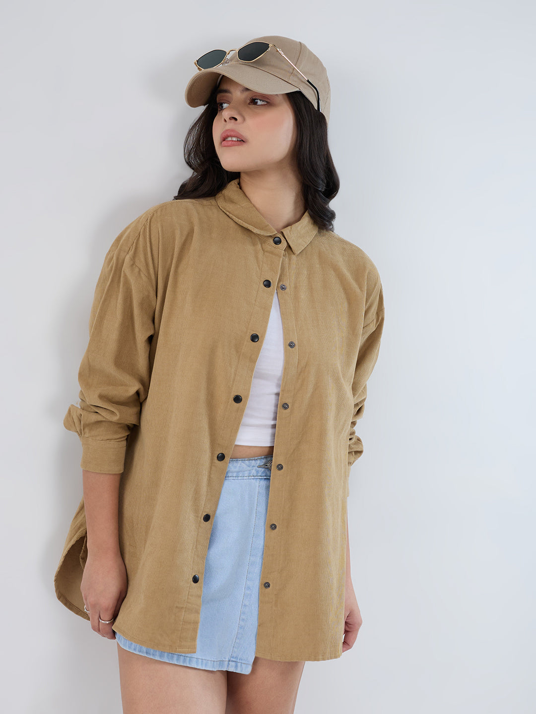 Solid Tan Beige Corduroy Oversized Shirt
