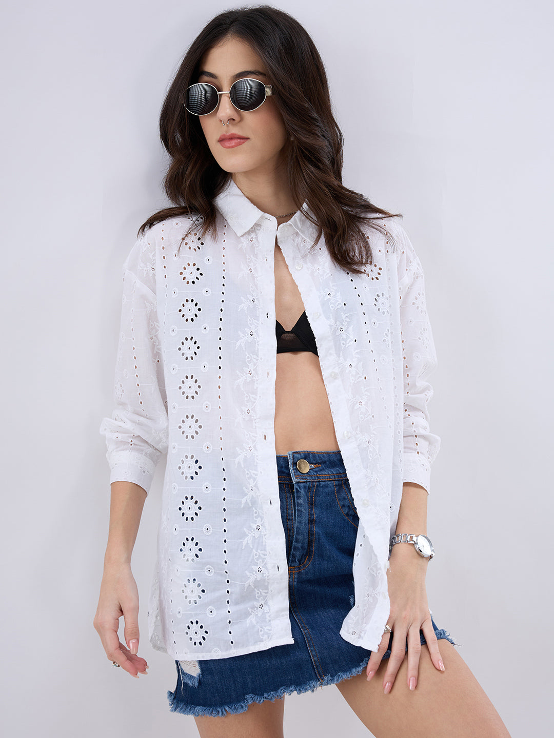 White Schiffli Oversized Shirt