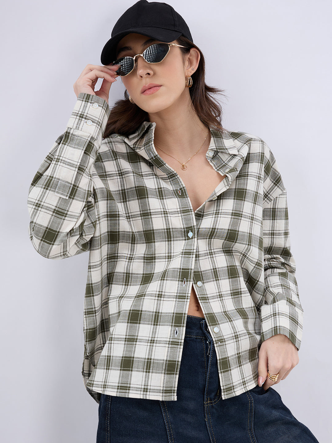 Olive & White Tartan Checkered Oversized Shirt