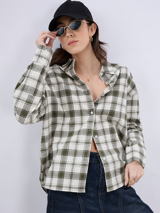 Olive & White Tartan Checkered Oversized Shirt