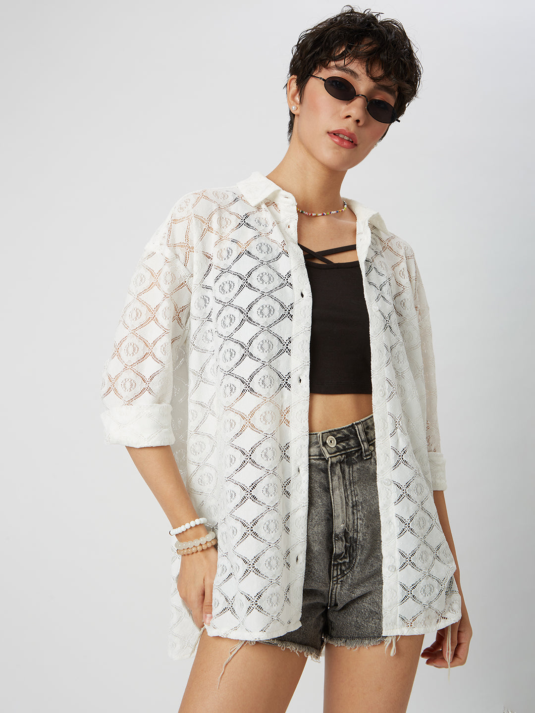 White Lace Crochet Oversized Shirt