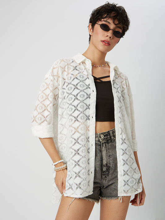White Lace Crochet Oversized Shirt