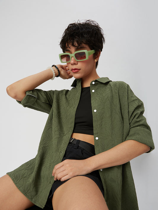 Olive Leafy Textured Oversized Shirt