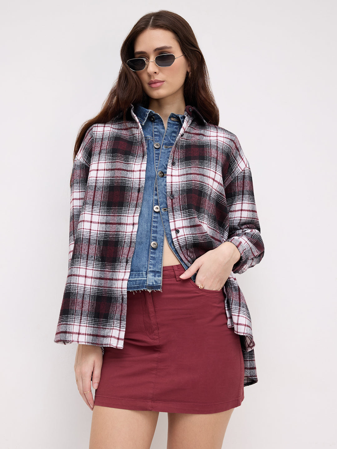 Maroon & White Checked Oversized Flannel Shirt