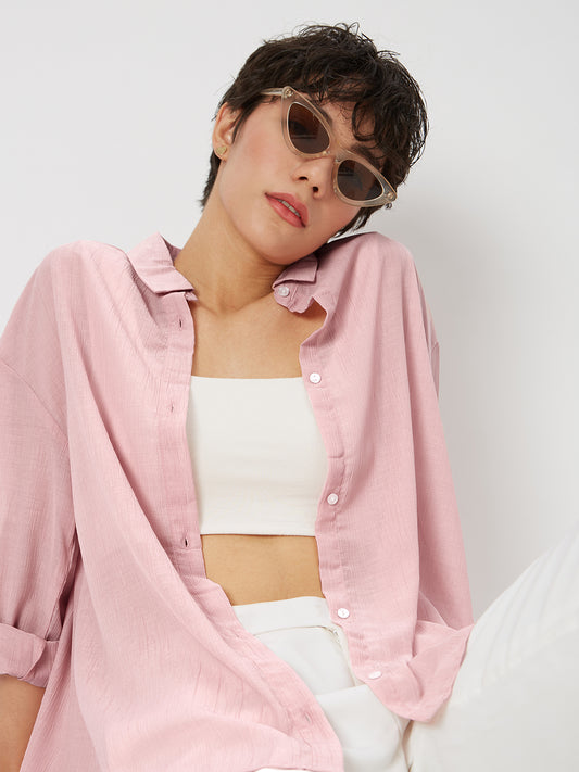 Glittery Baby Pink Crinkled Oversized Shirt