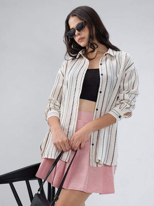 Burlap Ivory Vertical Striped Dobby Oversized Shirt