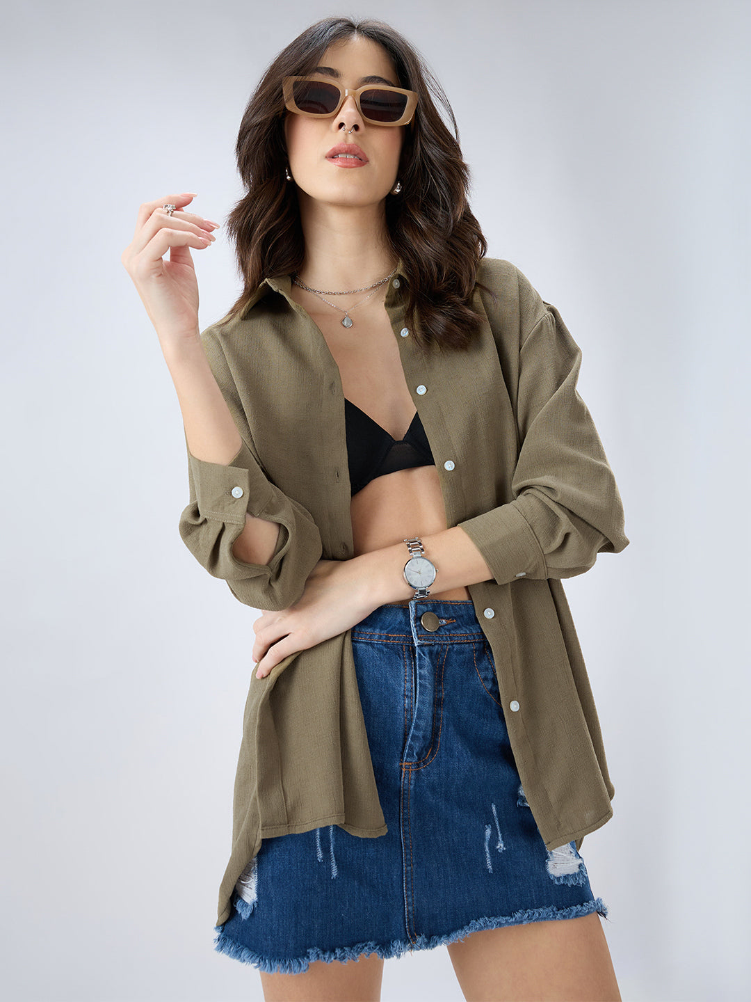 Olive Textured Oversized Shirt