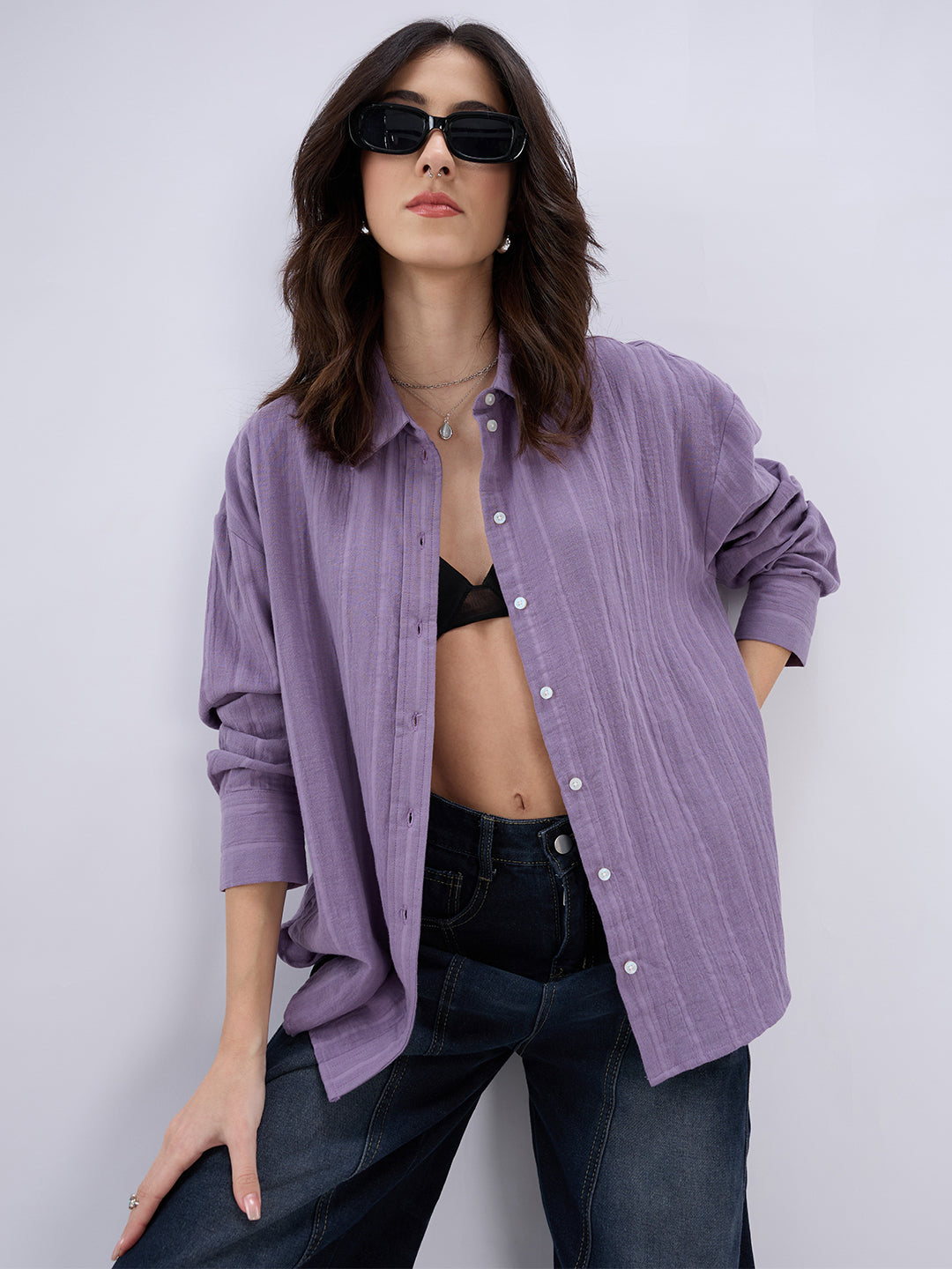 Lavender Seersucker Striped Doublecloth Oversized Shirt