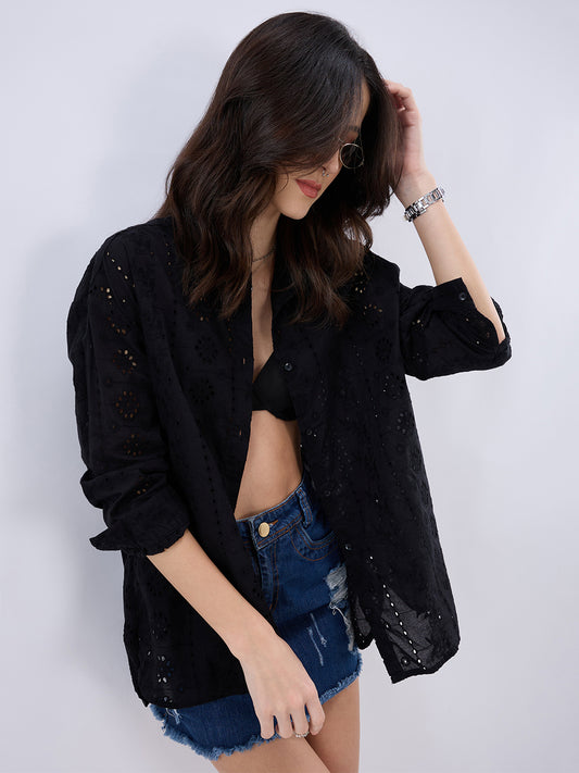 Black Schiffli Oversized Shirt