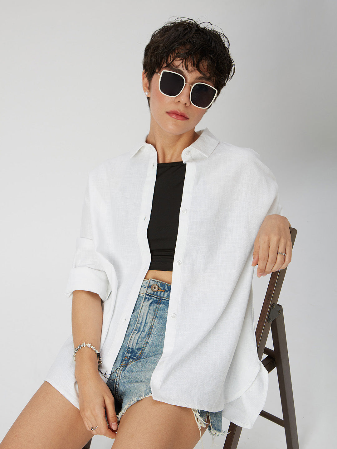 Solid White Textured Oversized Shirt