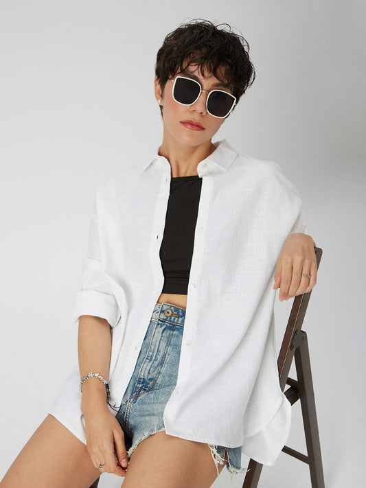 Solid White Textured Oversized Shirt
