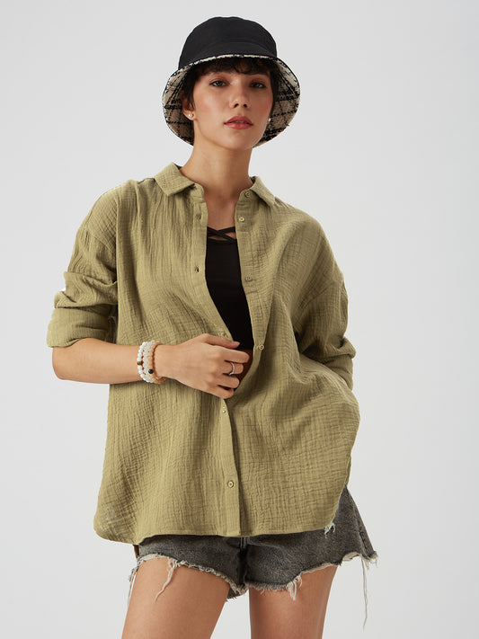 French Beige Solid Double Cloth Oversized Shirt