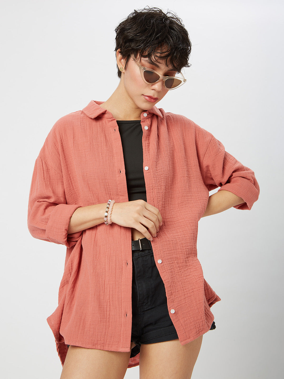 Solid Coral Double Cloth Oversized Shirt