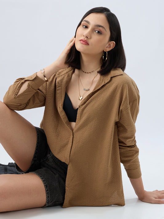 Tan Beige Seersucker Oversized Shirt