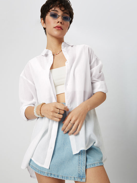 Glittery White Crinkled Oversized Shirt