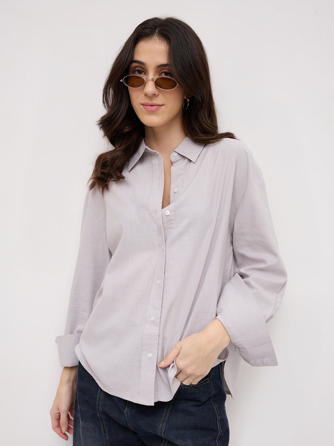 Ash Grey Sheer Textured Oversized Shirt