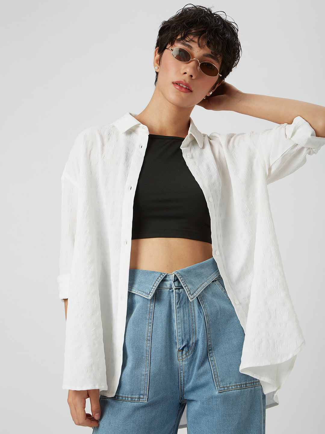 Snow White Dobby Textured Oversized Shirt