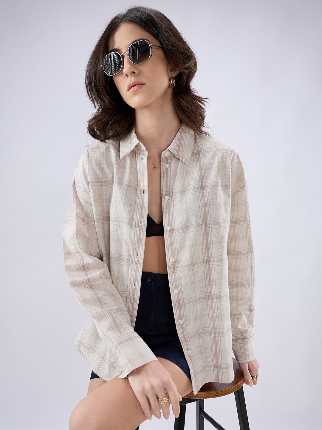 Grey Tartan Checked Jacquard Oversized Shirt