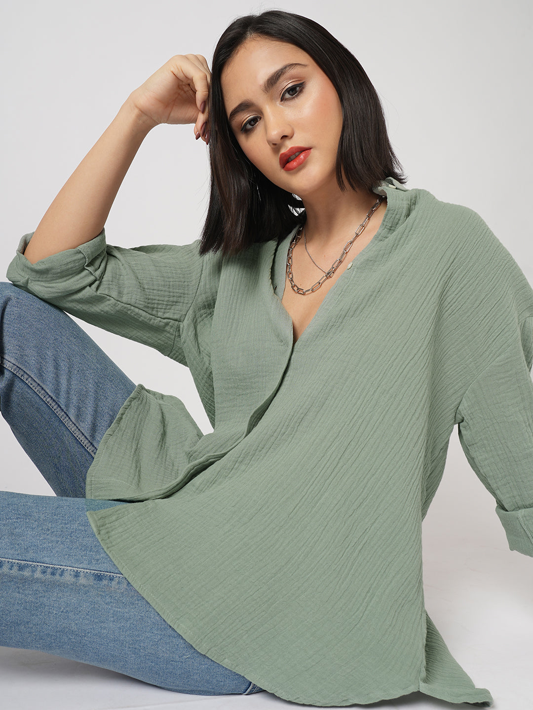 Seafoam Green Solid Doublecloth Oversized Shirt