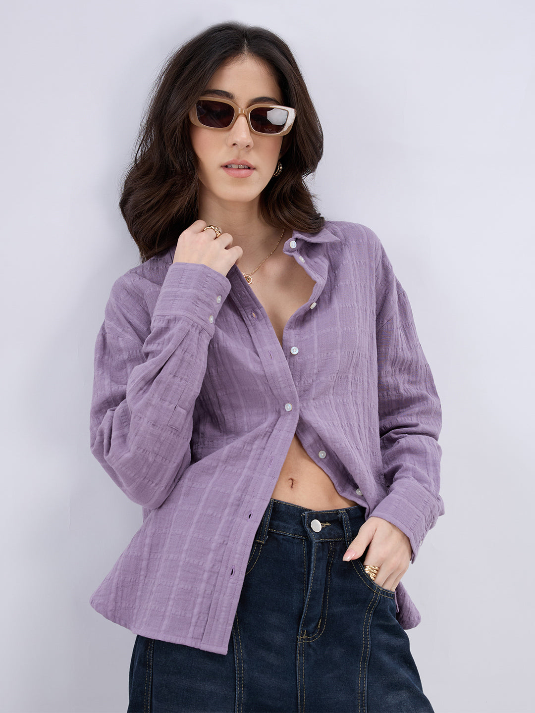 Lavender Seersucker Checked Doublecloth Oversized Shirt