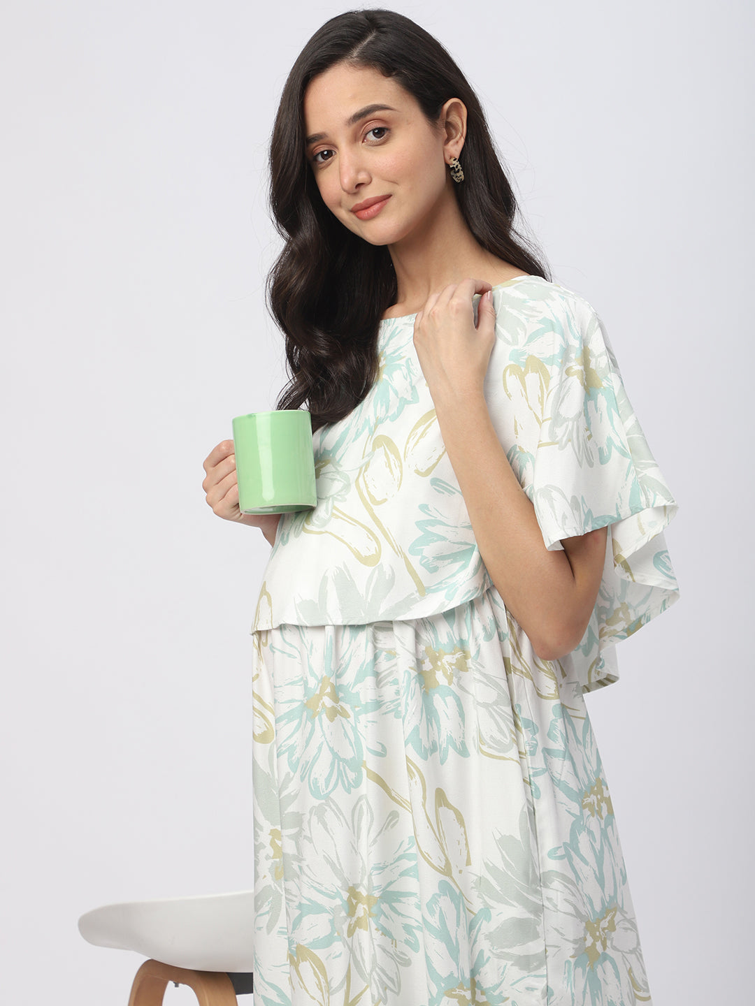 Soft White Floral Printed Maternity Dress