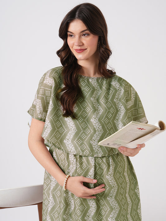 Basil Green Ikat Printed Maternity Dress