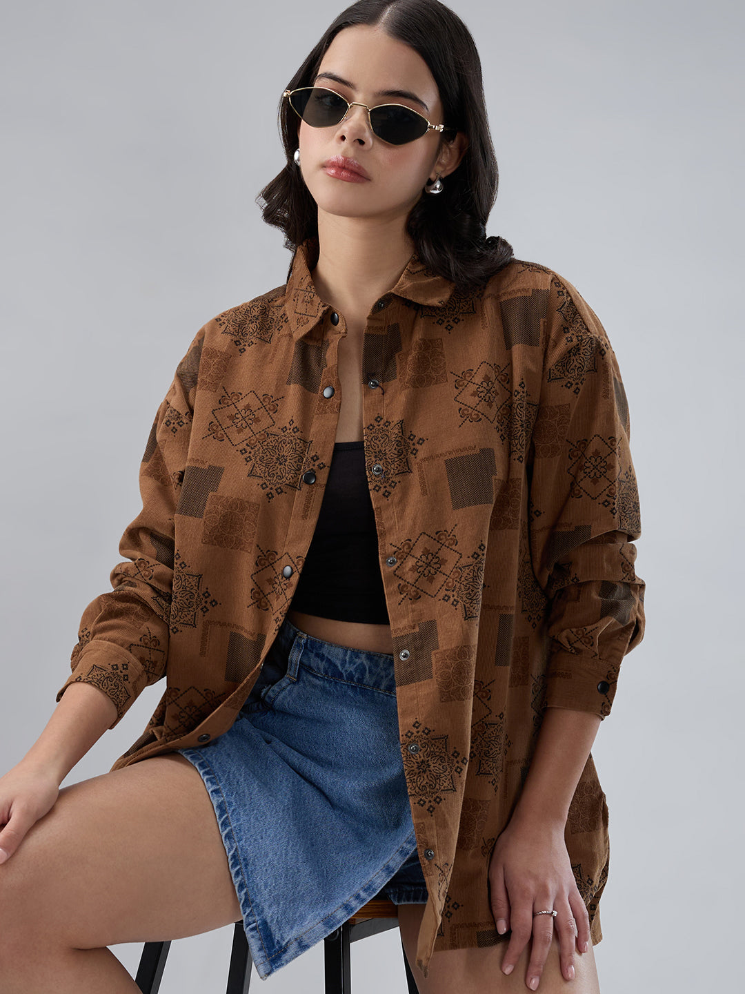 Brown Paisley Printed Corduroy Oversized Shirt