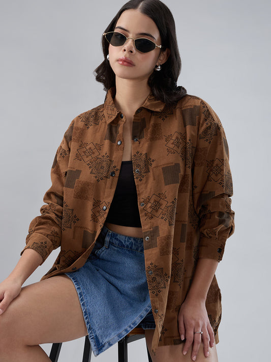 Brown Paisley Printed Corduroy Oversized Shirt