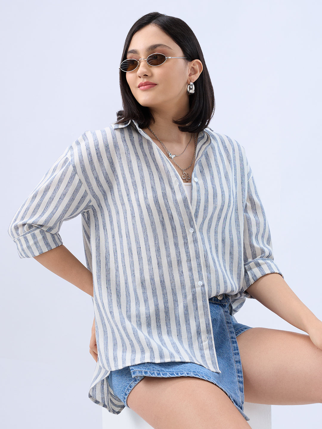 Cream and Blue Balanced Stripe Oversized Shirt