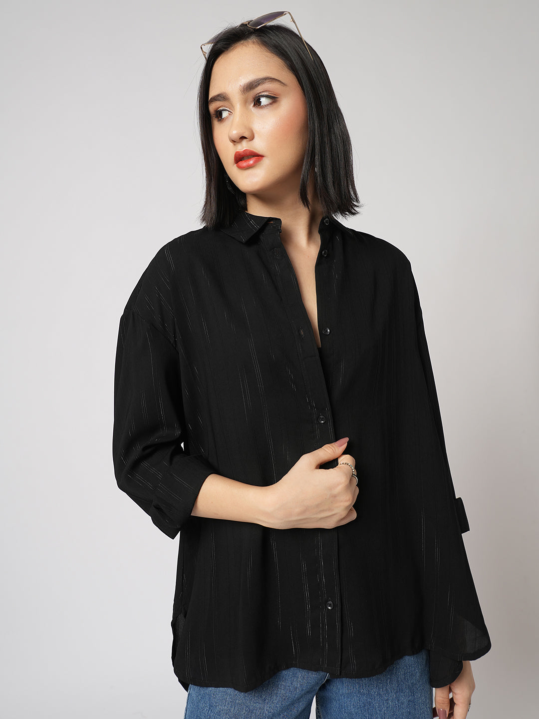 Black Glimmer Striped Oversized Shirt