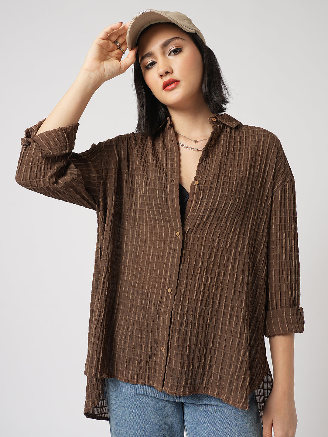 Chamoisee Brown Matrix Checks Oversized Shirt