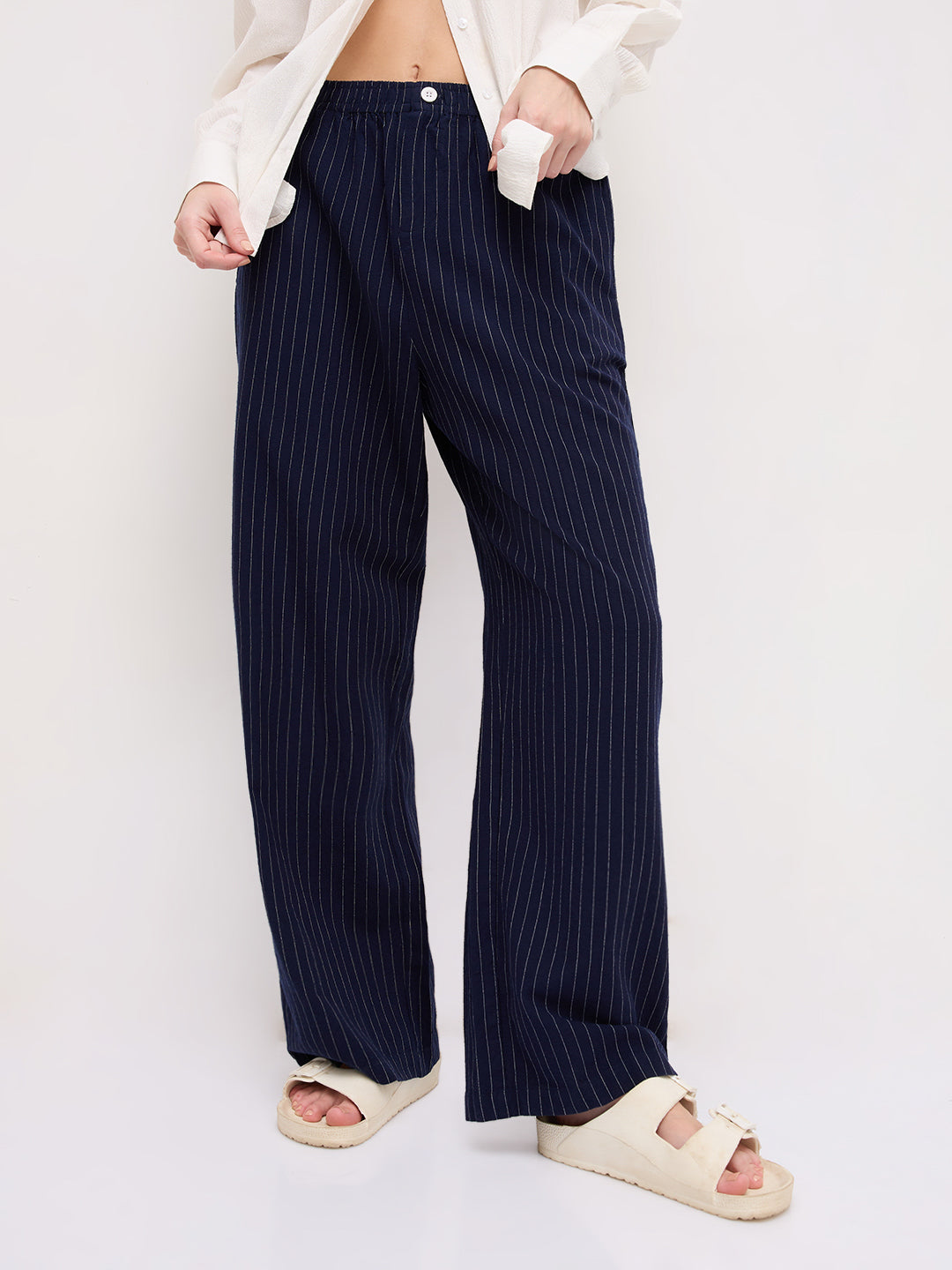 Deep Navy Pin Stripe Wide Leg Trousers