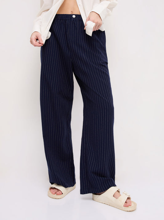 Deep Navy Pin Stripe Wide Leg Trousers