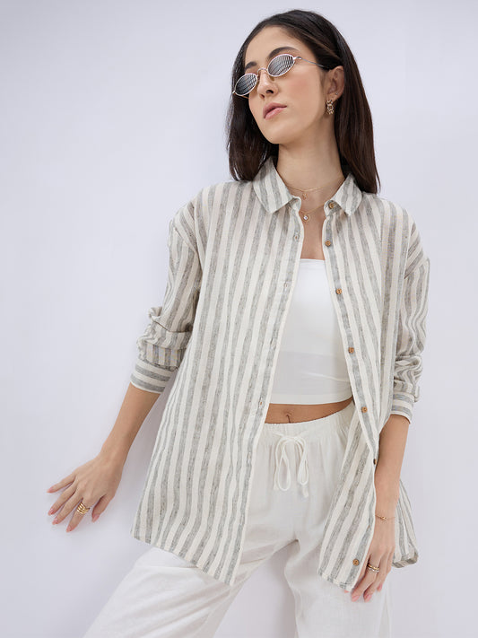 White & Blue Balanced Striped Linen Blend Oversized Shirt