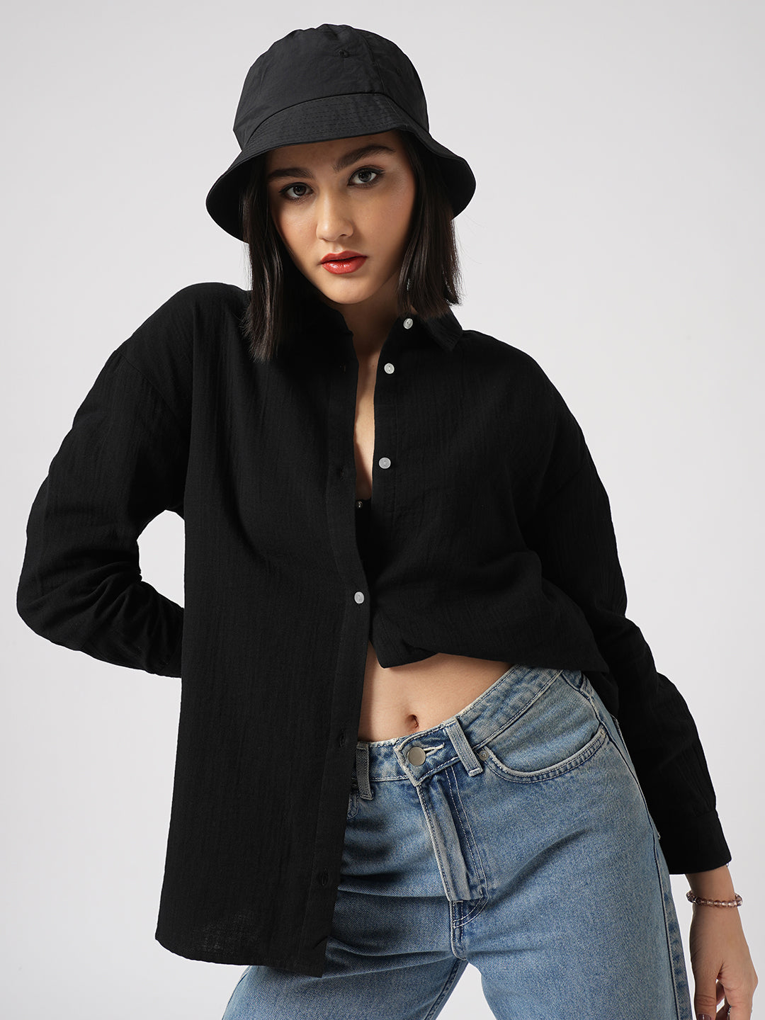 Midnight Black Double Cloth Oversized Shirt