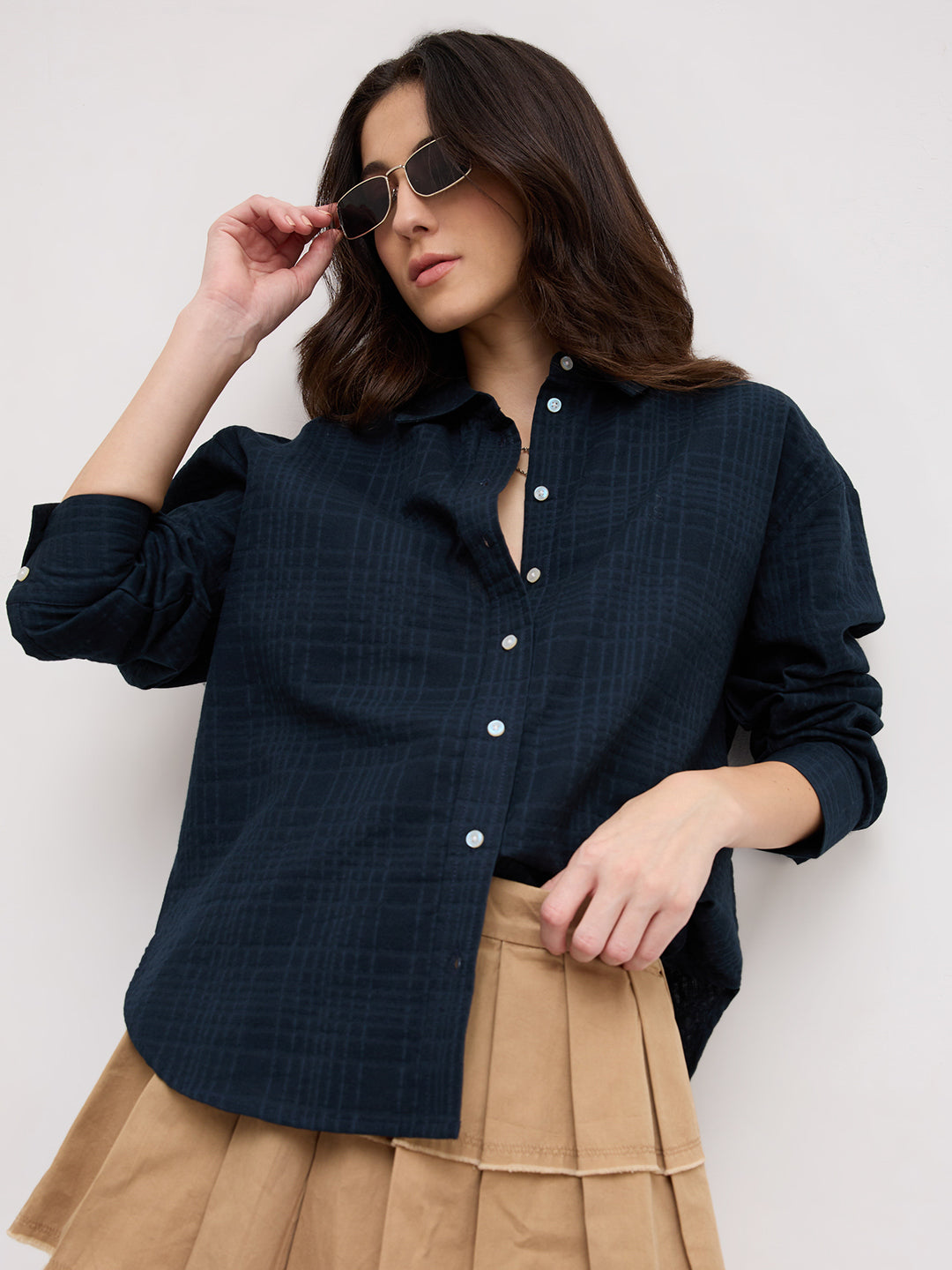 Teal Blue Block Embossed Textured Oversized Shirt