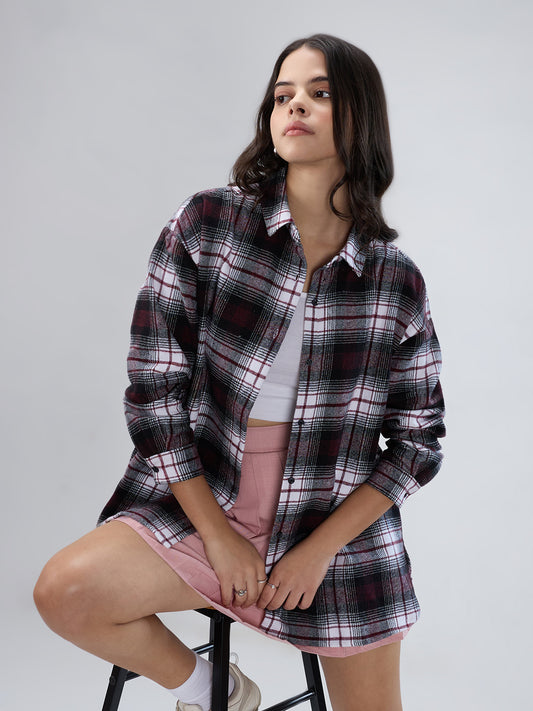 Maroon & White Checked Oversized Flannel Shirt