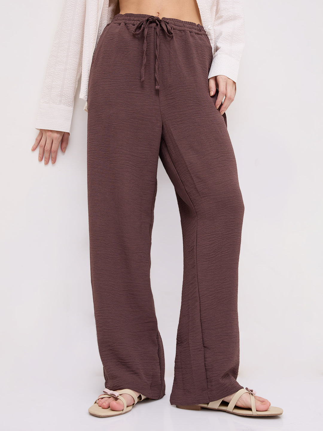 Luxe Warm Brown Crinkled Straight Fit Trousers